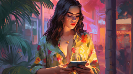 Beautiful girl with mobile phone in the city. 3d renderingの素材