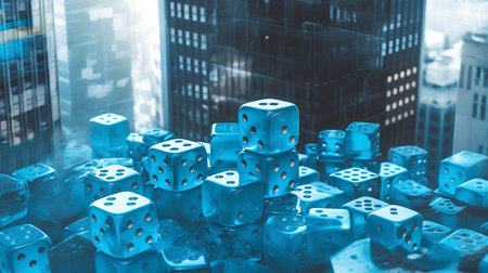 Blue dices on abstract city background. 3D Rendering.の素材
