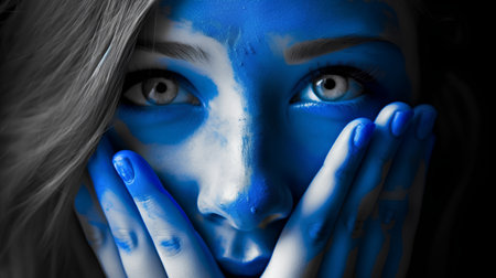 Close-up portrait of a beautiful girl with blue paint on her faceの素材