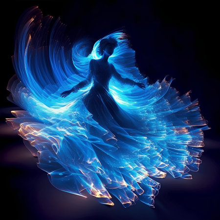 Flamenco dancer in blue dress on a dark background.の素材