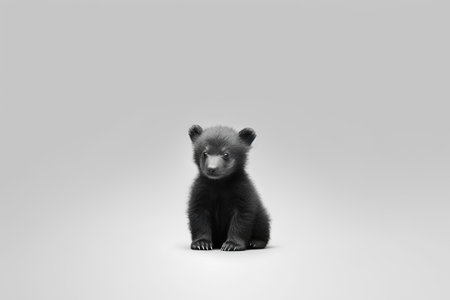 Black baby bear isolated on gray background. 3D illustration. Studio shot.の素材