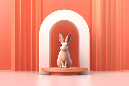 3d render of a white rabbit sitting on a podium in a room with a red wallの素材