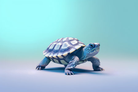 3D rendering of a little turtle isolated on a blue background.の素材