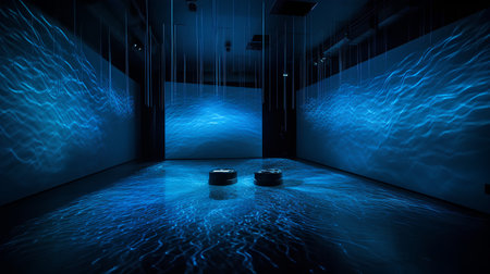 3d rendering of the interior of a modern room with a poolの素材