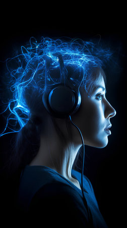 Portrait of a beautiful girl with headphones listening to music on a black background.の素材