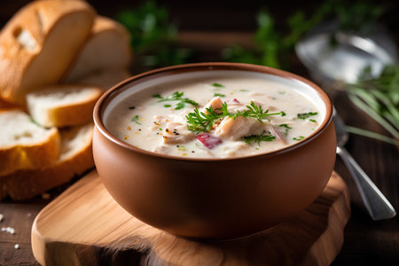 Creamy mushroom soup with cream and parsley in a brown bowlの素材