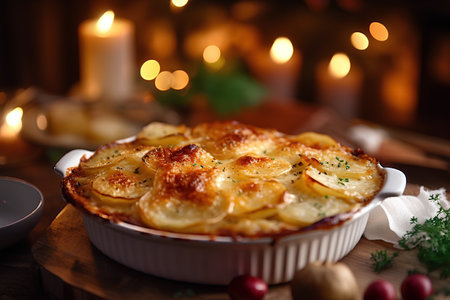 Potato casserole with cheese and herbs on a wooden backgroundの素材