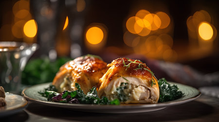 Baked chicken breast stuffed with spinach and feta cheese. Selective focus.の素材
