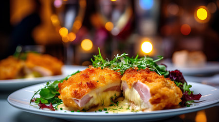 Baked chicken breast with cheese and herbs on a plate in a restaurantの素材