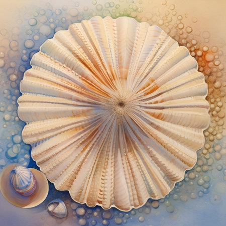 Abstract watercolor background with seashells. Hand-drawn illustration.の素材