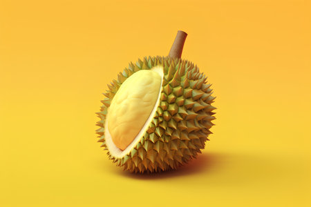 Fresh durian fruit isolated on yellow background. 3d illustration.の素材