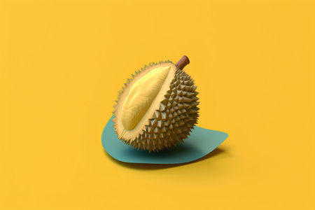Fresh durian fruit isolated on yellow background. 3d render illustrationの素材