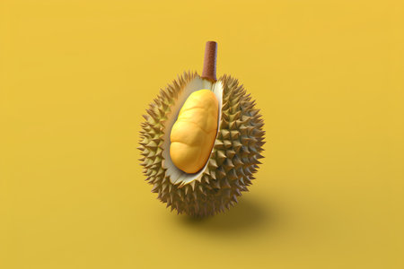 Durian fruit isolated on yellow background. 3d render illustration.の素材