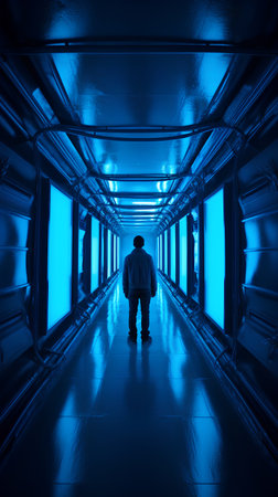 Futuristic corridor with a man in a dark blue interior. 3d renderingの素材