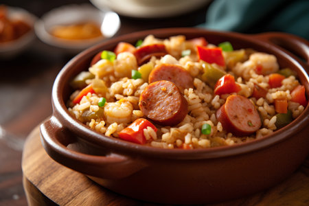 Pilaf with sausages and vegetables in a clay potの素材
