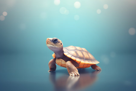 turtle on a blue background with bokeh. 3d renderingの素材