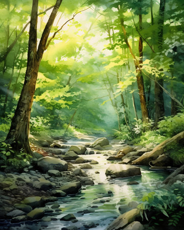 Watercolor painting of a river in a green forest. Digital artの素材
