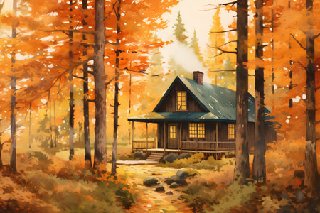Watercolor painting of a wooden house in the woods in autumn.の素材