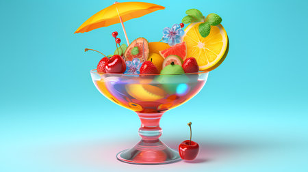 Fruit cocktail in a glass on blue background. 3d illustrationの素材