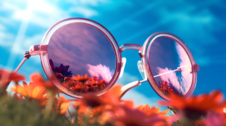Sunglasses on the background of the summer landscape. 3d renderingの素材