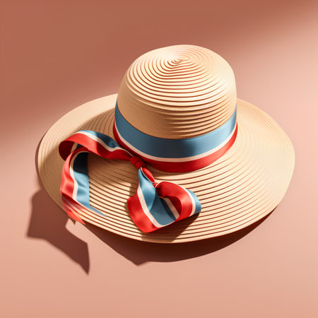Straw hat with ribbon on color background. 3d illustration.の素材