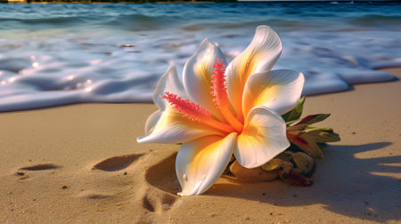 Tropical flower on the sand beach with sea wave background.の素材