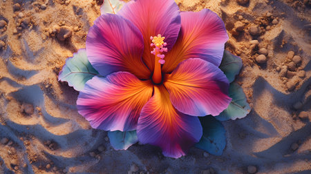 Hibiscus flower on the sand. 3D illustration.の素材