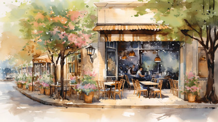 Watercolor sketch of a street cafe in Paris, France. Illustrationの素材