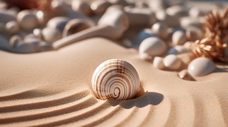 Wooden seashell on the sand. The concept of travel and vacation.の素材