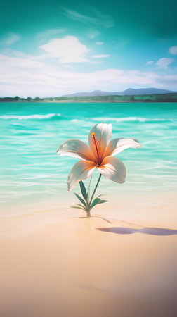 White lily on a tropical beach with turquoise water.