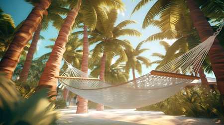 Hammock between palm trees on tropical beach. 3d renderの素材