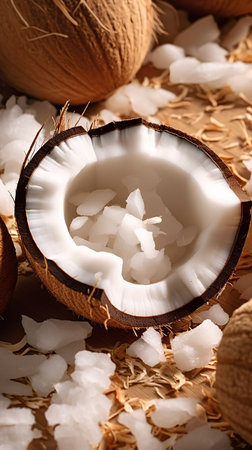 Coconut oil in a coconut shell and coconut flakes on wooden backgroundの素材