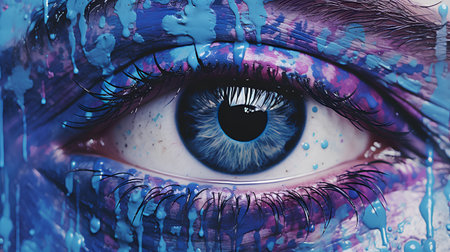 Close up of blue female eye with paint splashes. 3D renderingの素材