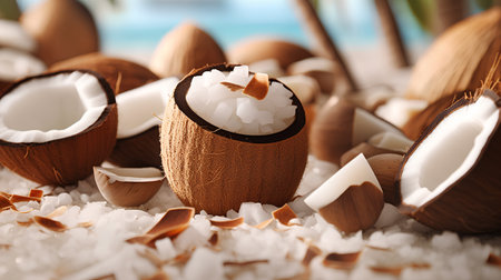 Coconut oil in coconut shell on sea salt background. Coconut oil in shells.の素材