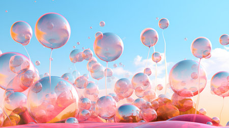 Abstract 3d illustration of colorful balloons with water drops on blue sky backgroundの素材