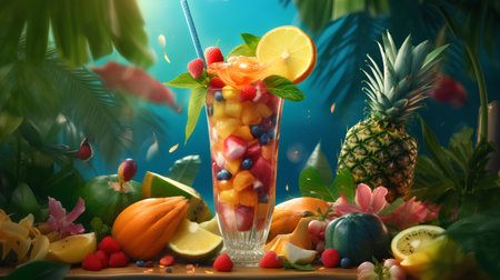 Fruit cocktail in a glass on the background of tropical plants.の素材