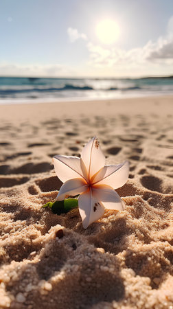 Plumeria flower on the sand beach with sea and sky backgroundの素材