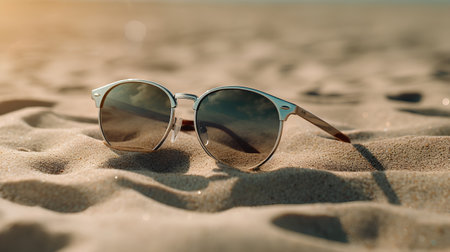 Sunglasses on the sand. Selective focus. nature.の素材