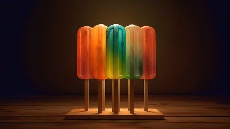Colorful ice lollipops on wooden table over dark backgroundの素材
