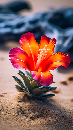Beautiful red flower on the beach. Tropical nature background. Copy space.の素材