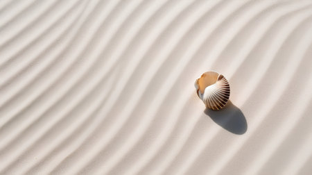 Seashell on the white sand with a shadow from the sunの素材