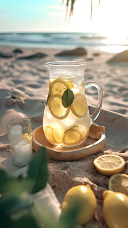 Lemonade with fresh lemons and mint in a glass jug on a sandy beach.の素材