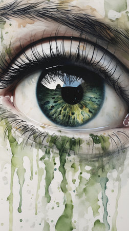 Close up of female eye with watercolor splash. Hand drawn illustration.の素材
