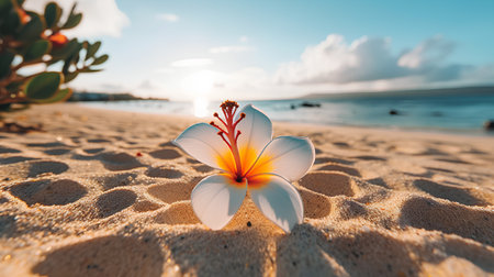 Frangipani flower on the beach with sea and sky backgroundの素材