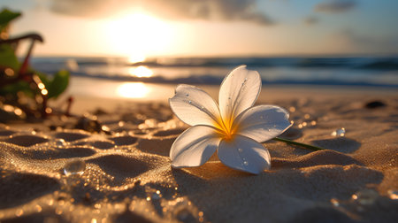 Frangipani flower on the sand with sunset in the backgroundの素材