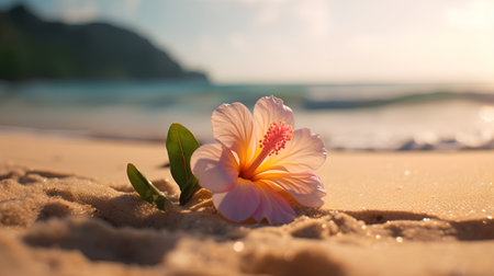 Beautiful hibiscus flower on the beach at sunset.の素材