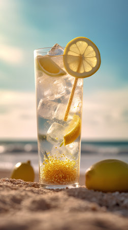 Cocktail with lemon and ice on the beach. Summer vacation conceptの素材