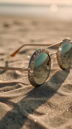 Sunglasses on the sand by the sea. Selective focus.の素材