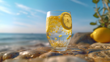 Glass of lemonade with ice and lemon on the background of the seaの素材