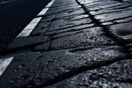 Wet asphalt road surface with rain drops. Abstract background and texture for design.の素材